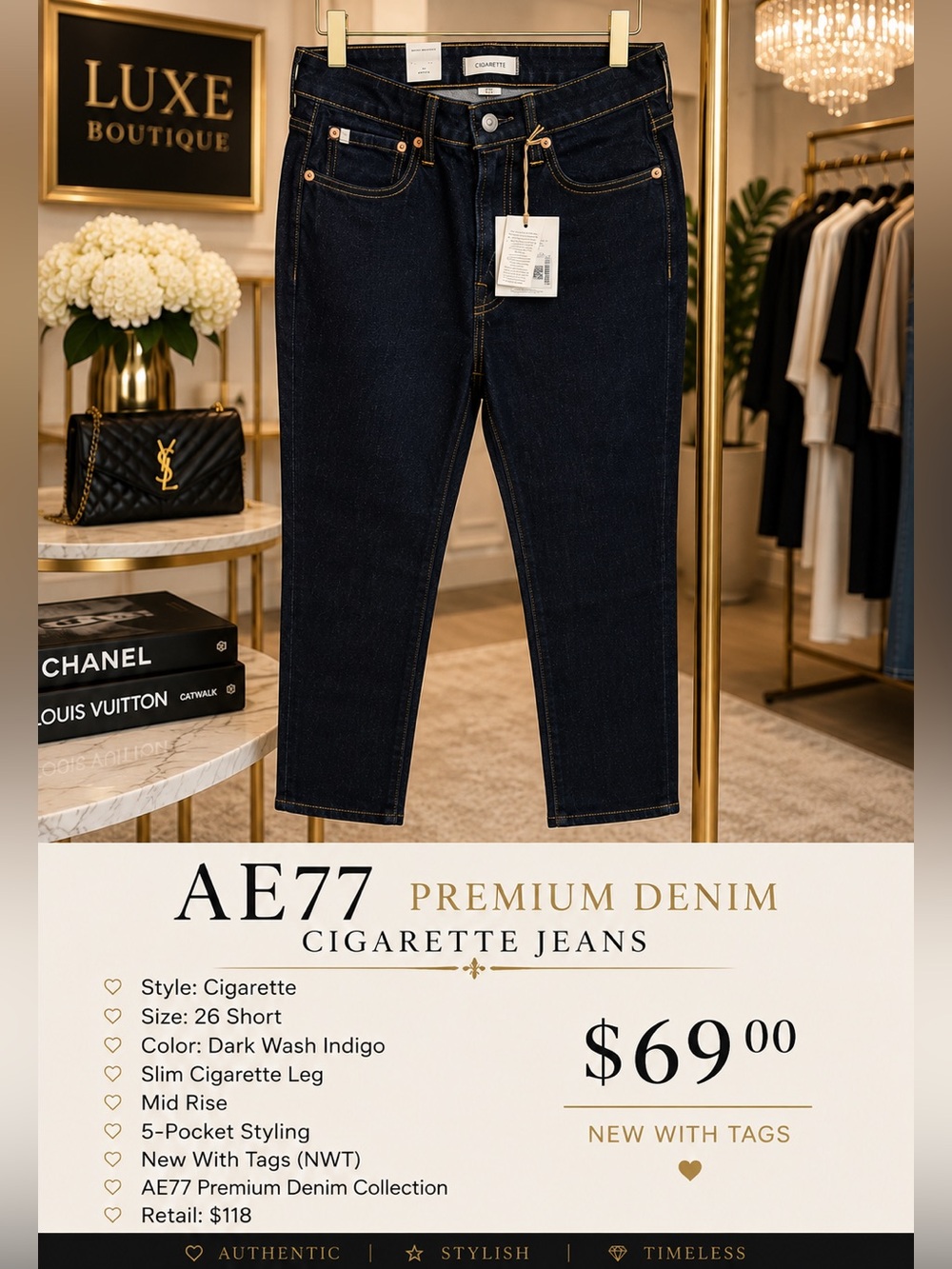 AE77 Premium Denim Cigarette Jeans Women’s 26 Short Dark Indigo NWT $118